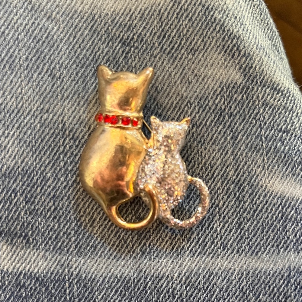 Sparkling Gold and Silver Cat Brooch with Red Collar